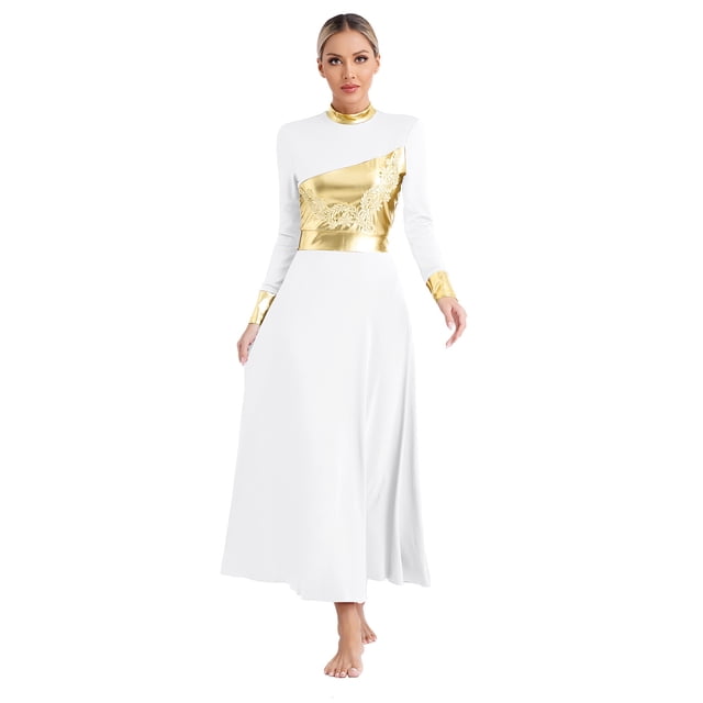 Linjinx Robe de Danse Liturgique pour Femmes Bloc de Couleur Métallique Performance Danse Blanche G