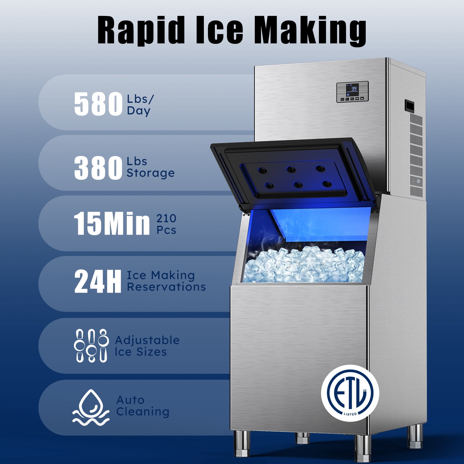 Commercial Ice Maker 380LBS Ice Storage Bin, Durable Stainless Steel and Adjustable Steel Feet