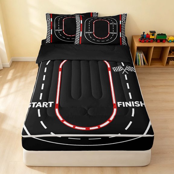 Erosebridal Race Track Zipper Twin Comforter Sets with Fitted Sheet and 2 Pillowcases, Oval Circuit Zipper Bedding Set, Black White Oval, Black Reversible