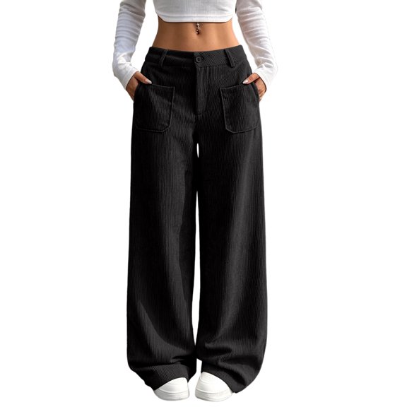 WULMLEO Womens Corduroy Pants Low Rise Wide Leg Cargo Bottoms Casual Baggy Lounge Tousers Office Business Work Pant with Pockets Black L