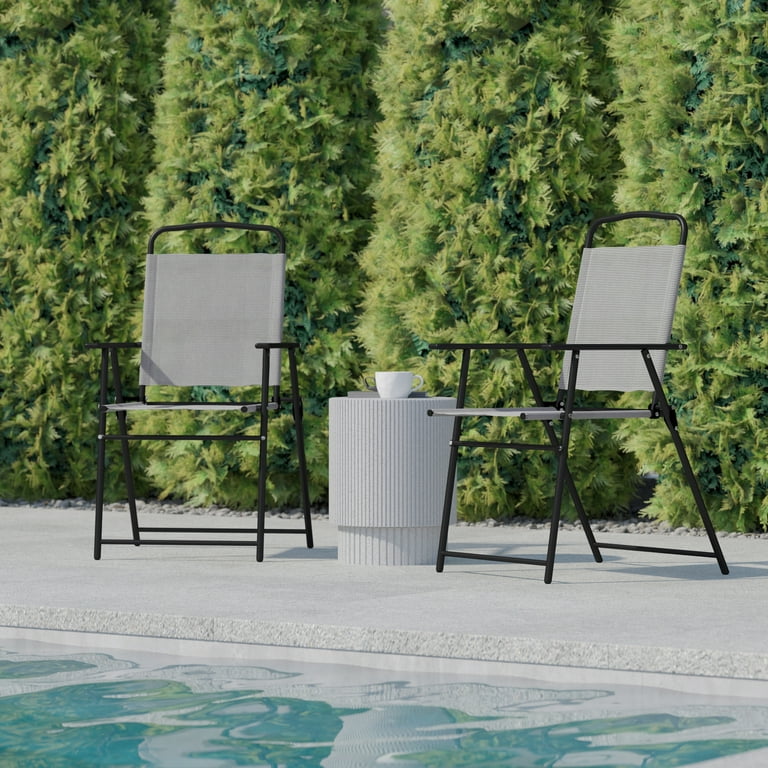 BizChair Set of 2 Folding Patio Sling Chairs Outdoor Textilene Lawn Chairs with Armrests in Gray
