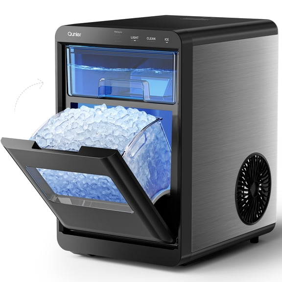 Qunler Nugget Ice Maker Countertop, 44lbs per Day Chewable Pebble Nugget Ice Machine with Touch Screen for Home, Kitchen, Office, Stainless Steel, Black