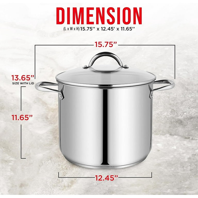 Bakken-Swiss Deluxe 20-Quart Stainless Steel Stockpot w/ Tempered Glass See-Through Lid - Simmering Delicious Soups Stews & Induction Cooking 