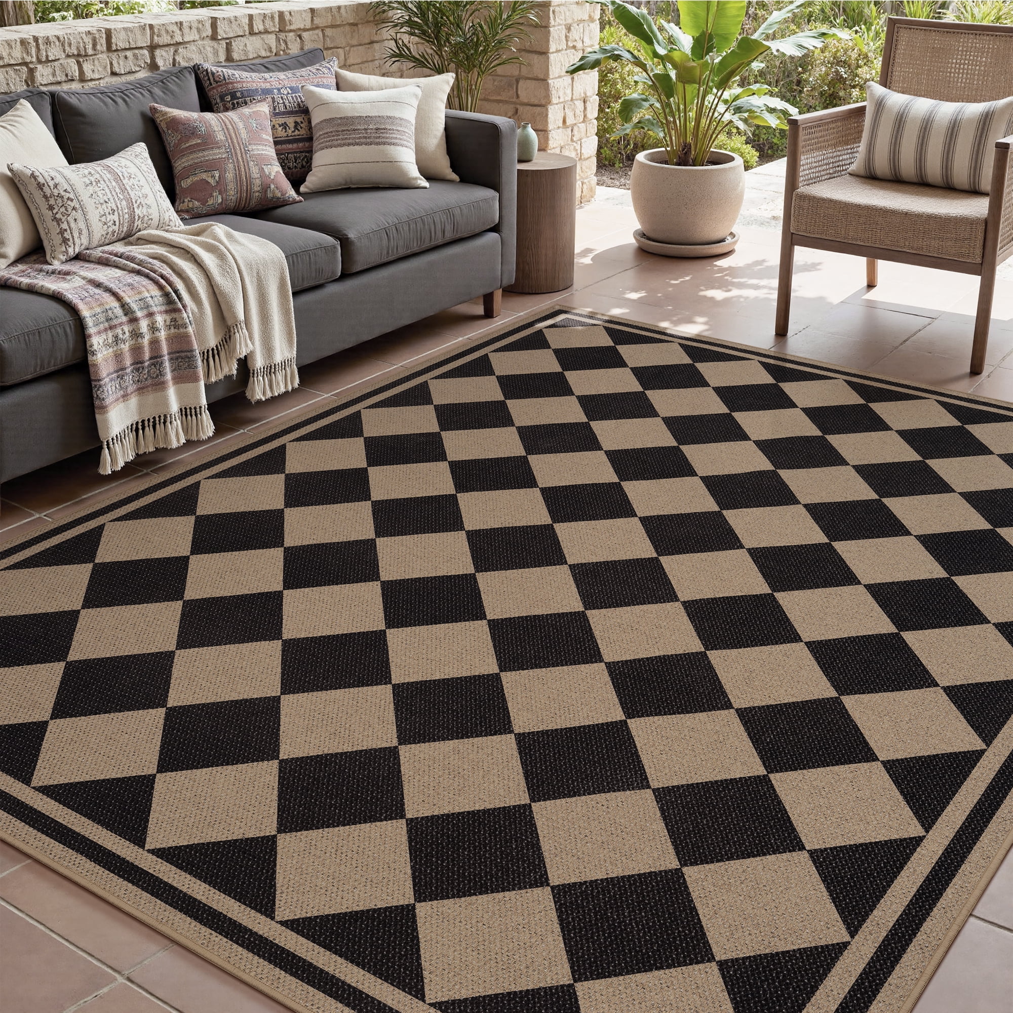 VUNATE Outdoor Rugs Carpet 4'x6' Jute Rug Boho Checkered Washable Patio Rug Distressed Modern Braided Area Rugs Black Indoor Outdoor Rugs for Living Room Entryway Laundry Balcony