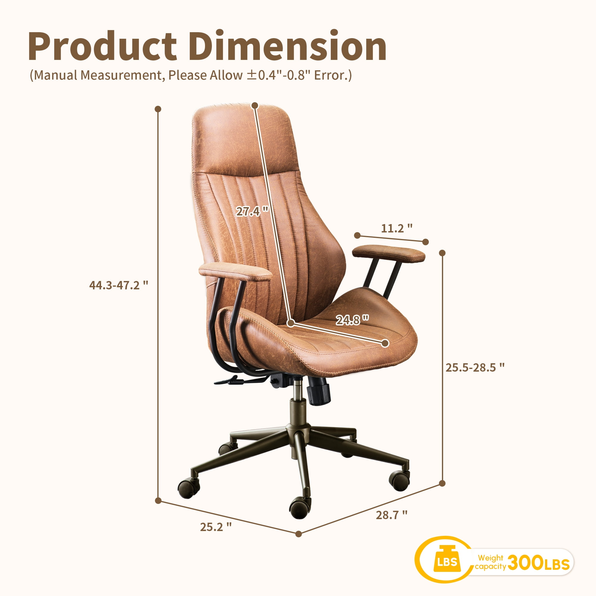 Toject Ergonomic Office Chair, High Back Comfy Home Office Chair with Lumbar Support, Mid-Century Modern Computer Executive Desk Chair with Padded Armrests (Suede Leather, Brown)
