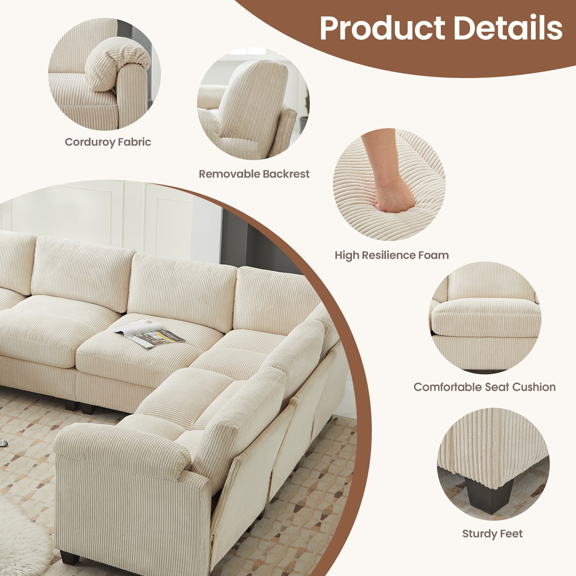 LOYALICE 115" Oversized Modular Corduroy Sectional Sofa, Pet-Scratch Resistant 8-Seat U Shaped with Corner Seat Cloud Couch, Chaise & Movable Ottoman for Living Room Home Office, Beige