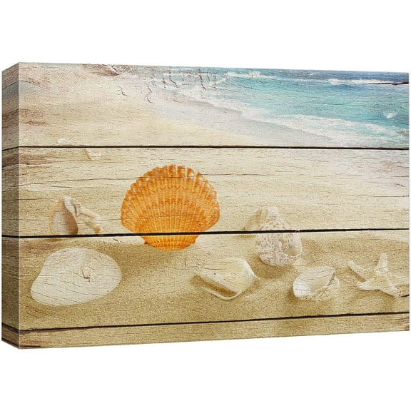 wall26 Canvas Print Wall Art Beach Seashell Shore on Wood Landscape Nature Wilderness Mixed Media Modern Art Rustic Relax/Calm Multicolor for Living Room, Bedroom, Office - 32"x48"