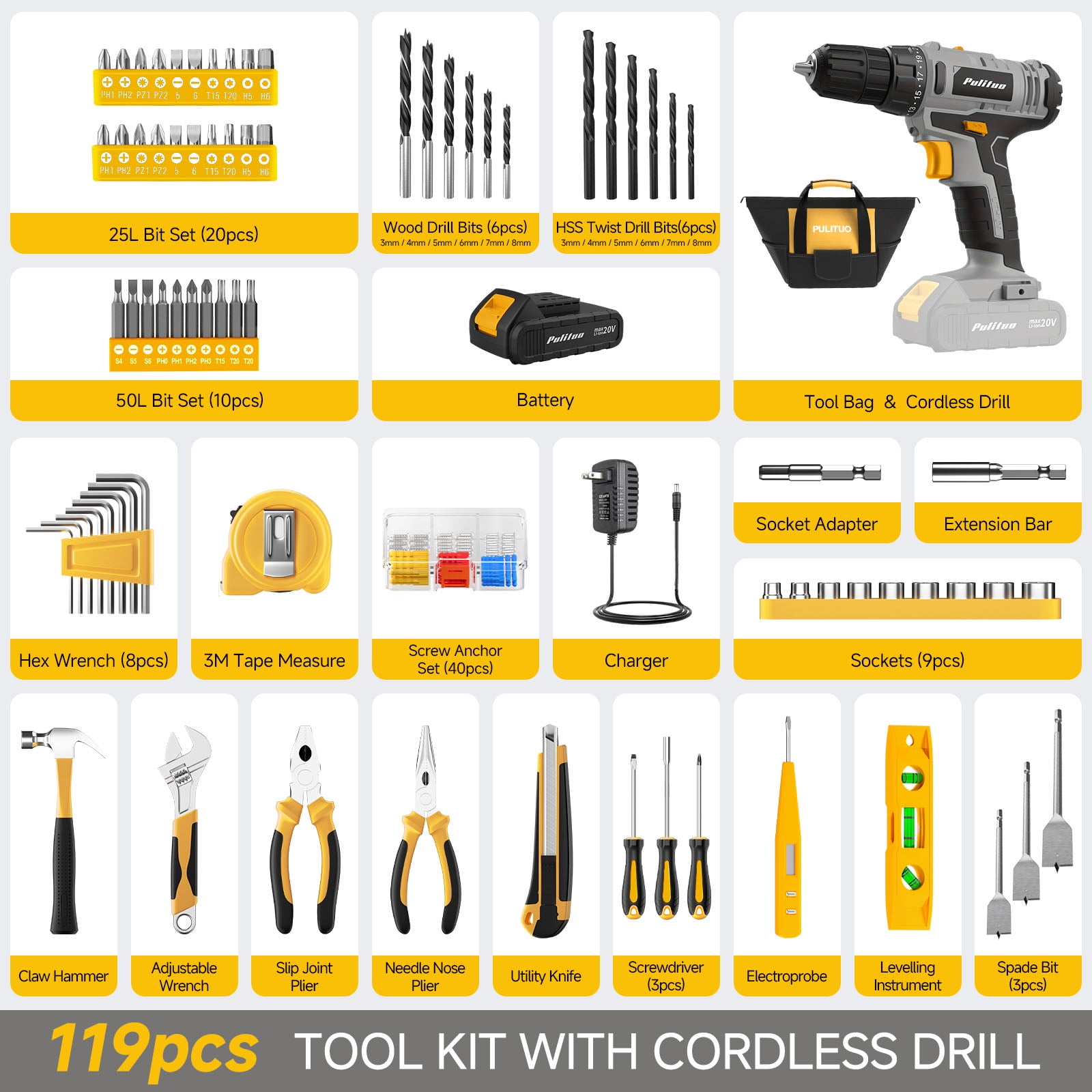 Pulituo 20V Cordless Drill Driver Kit, Home Tool Set with 20V Lithium-Ion Drill, 119PCS All-Purpose Kit, 21+1 Torque, 2-Speed, DIY & Home Repairs Yellow