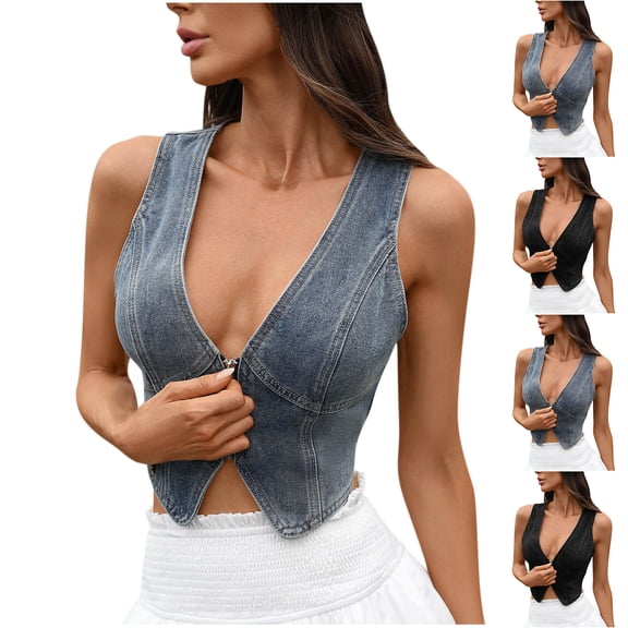 ShaoRunShi Women Zip Up Denim Vest Deep V Neck Sleeveless Y2k Jean Cropped Tops Slim Fit Casual Streetwear Tank Top