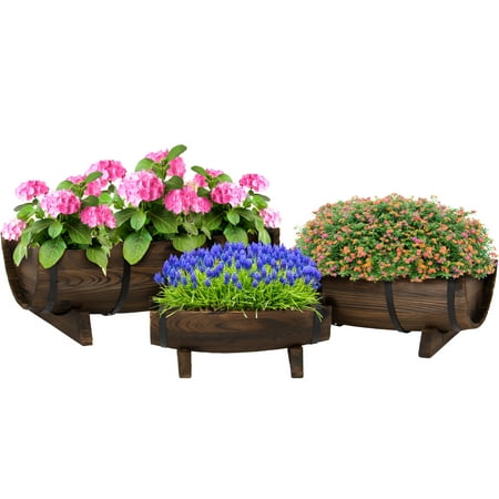 Best Choice Products Set of 3 Wood Rustic Half Barrel Garden Planters with Small, Medium, and Large Flower Bed for,