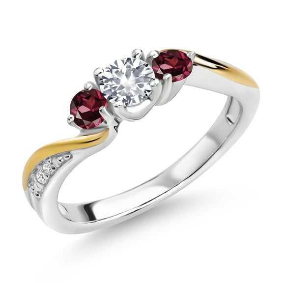 Gem Stone King 925 Silver and 10K Yellow Gold Created Sapphire Red Rhodolite Garnet and Lab Grown Diamond 3 Stone Engagement Ring for Women (0.52 Cttw, September Birthstone, Size 5)