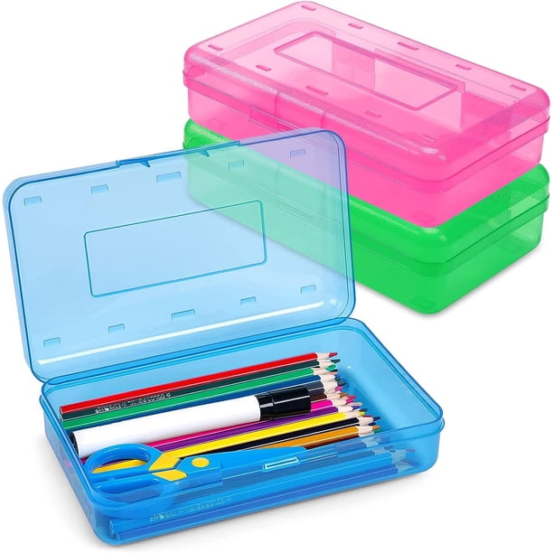 Caja de lápices rígida de gran capacidad, cajas de plástico con tapa hermética, organizador de almacenamiento apilable para niños, estudiantes, adultos, escuela, aula, suministros de oficina (paq