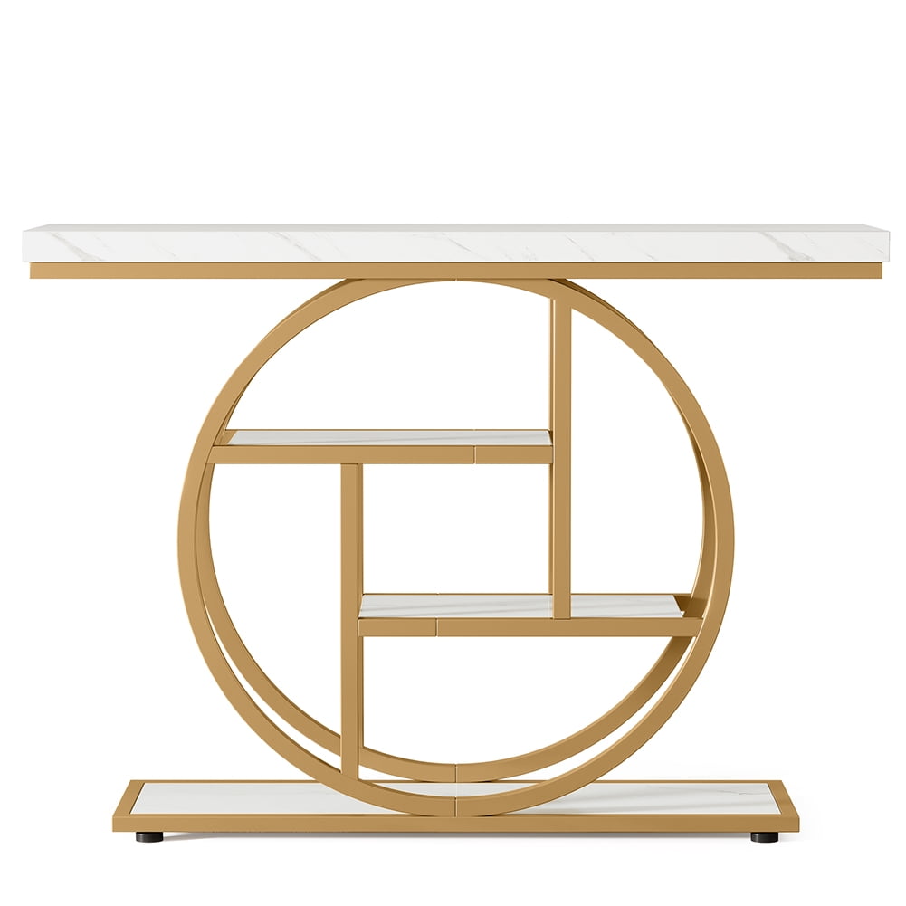 Spaco 41.3" Console Table with 1.57" Thick Tabletop, Industrial 4-Tier Sofa Entryway Table with Circle Base, White