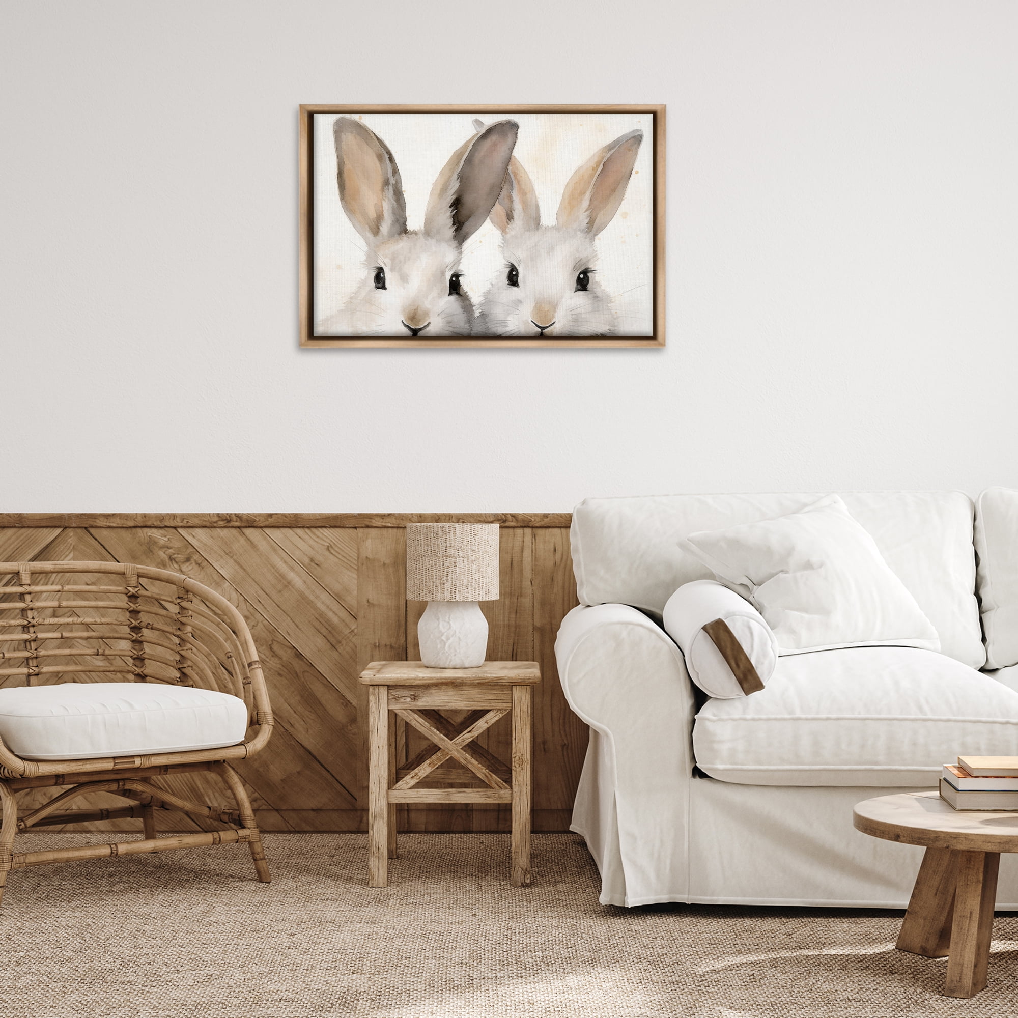 Stupell Industries Two Peeking Rabbits Animals & Insects Painting Brown Floater Framed Canvas Art Print Wall Art, 31 x 21