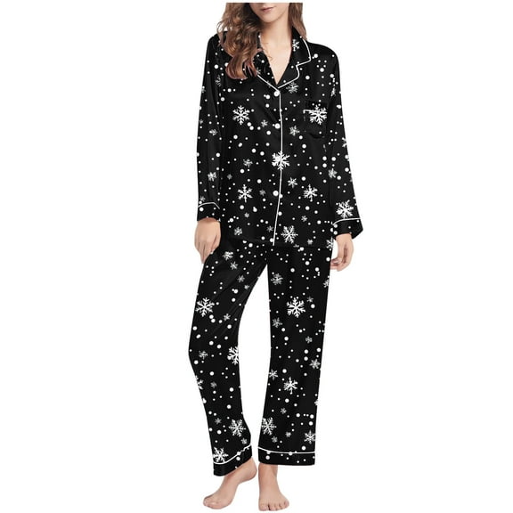 Lorytime Christmas Pajamas Sets Adults Snowflakes Long Sleeved Collared Tops Elastic Waist Pants Holiday Sleepwear