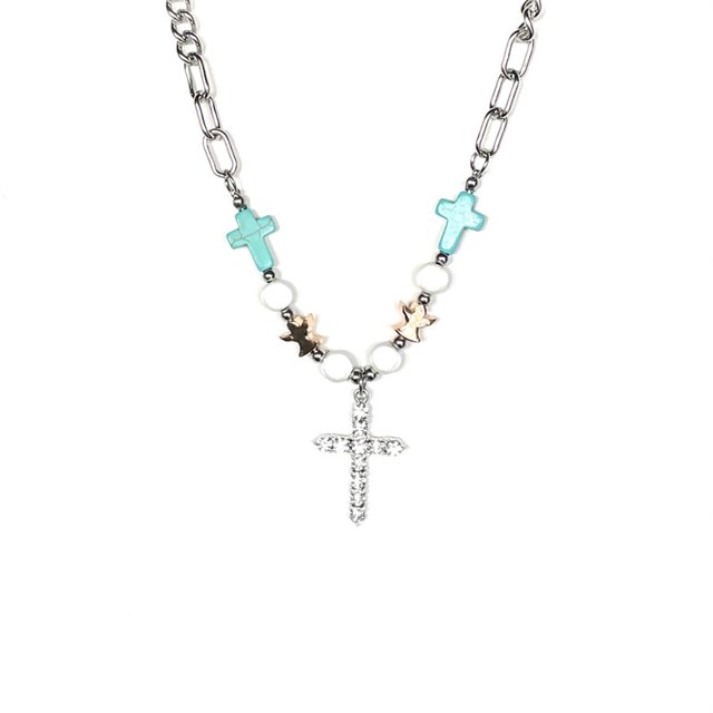 Retro turquesa cuentas cruz colgante collar hombres y mujeres hip-h JM