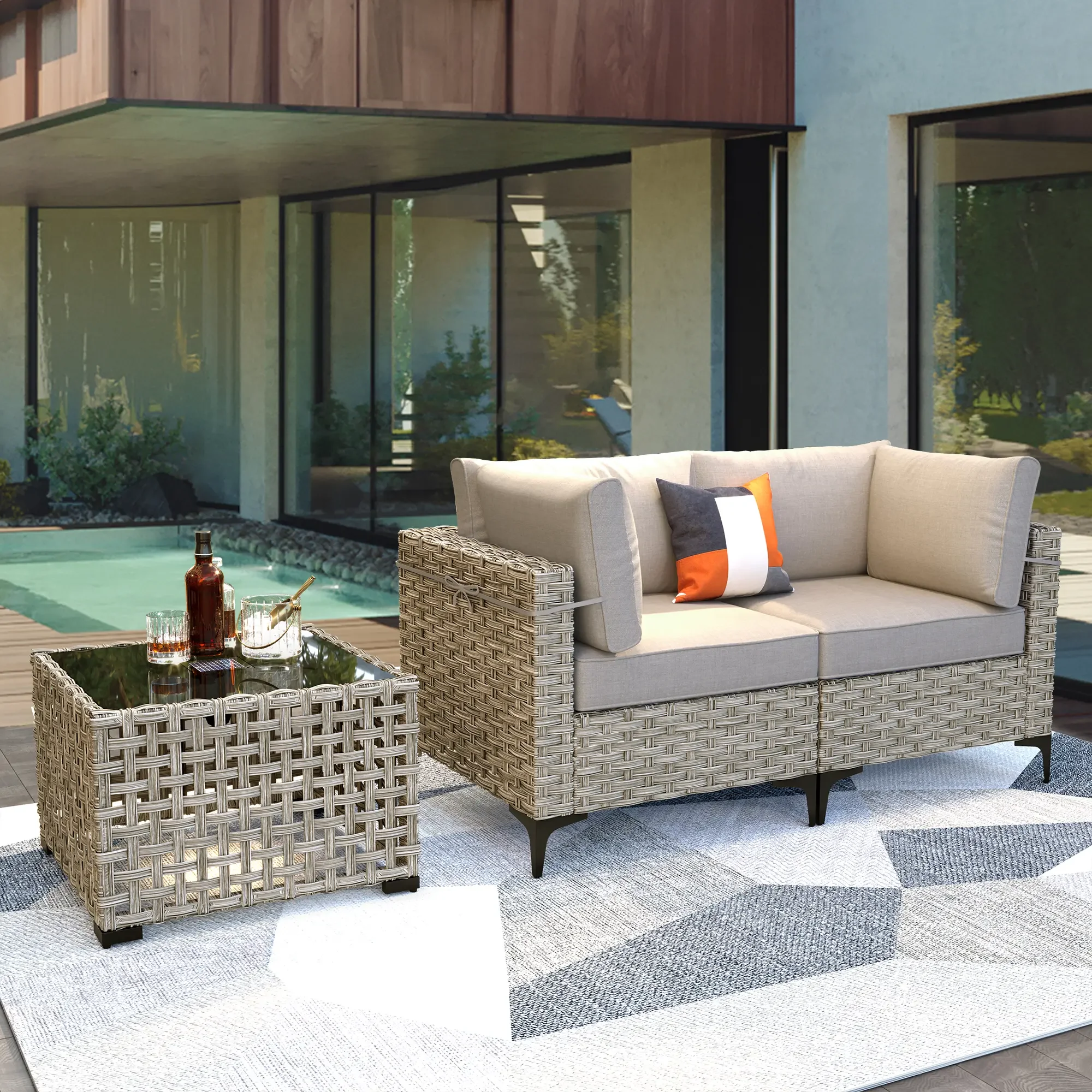 Ovios 3 Pieces Outdoor Patio Sectional Furniture Cushioned PE Rattan Wicker Chairs Conversation Set with Solar Lamps Coffee Table for Backyard