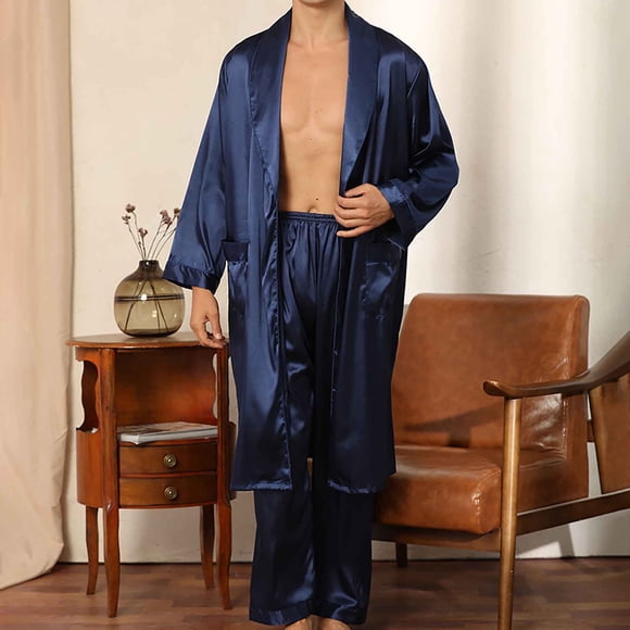 cllios Men's 2 Piece Satin Pajama Sets Wrap Front Kimono Loungewear Long Sleeve Soft Sleepwear and Pants Silk Pjs Set with Pockets