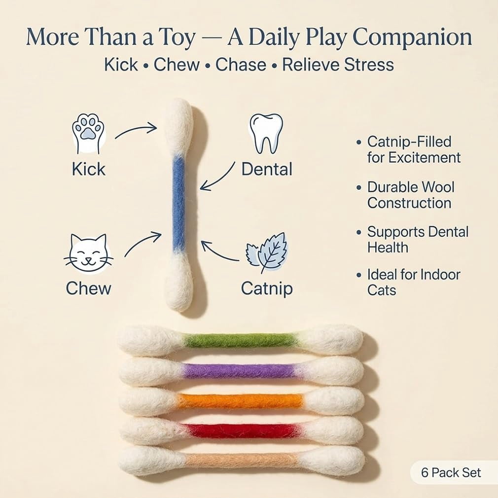Catnip Filled Giant Cotton Swabs - Durable Wool Chew Toys for Kittens & Adult Cats Interactive Play (Set of 6)