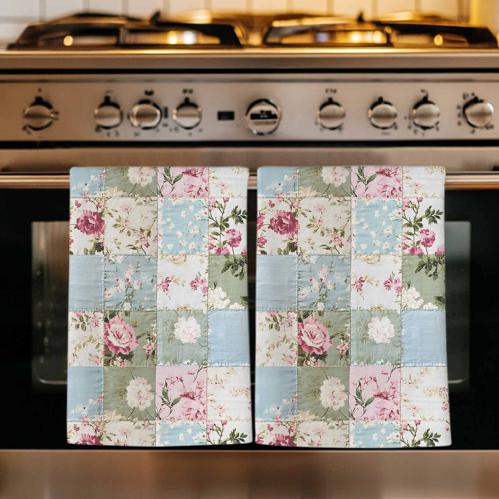Green Blue Pink Botanical Kitchen Towels Set of 4, Spring Floral Vintage Soft Microfiber Dish Towels, Absorbent Quick-Dry Washable Dishcloths for Kitchen Cleaning, Drying Dishes, 18x28 Inches
