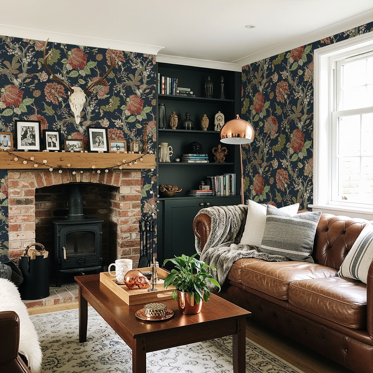 Harry & Grace Midnight Blue & Carmine Jacobean Trail Premium Matte Non-Woven Peel and Stick Wallpaper - 20.5 in. W x 18 ft. L Roll