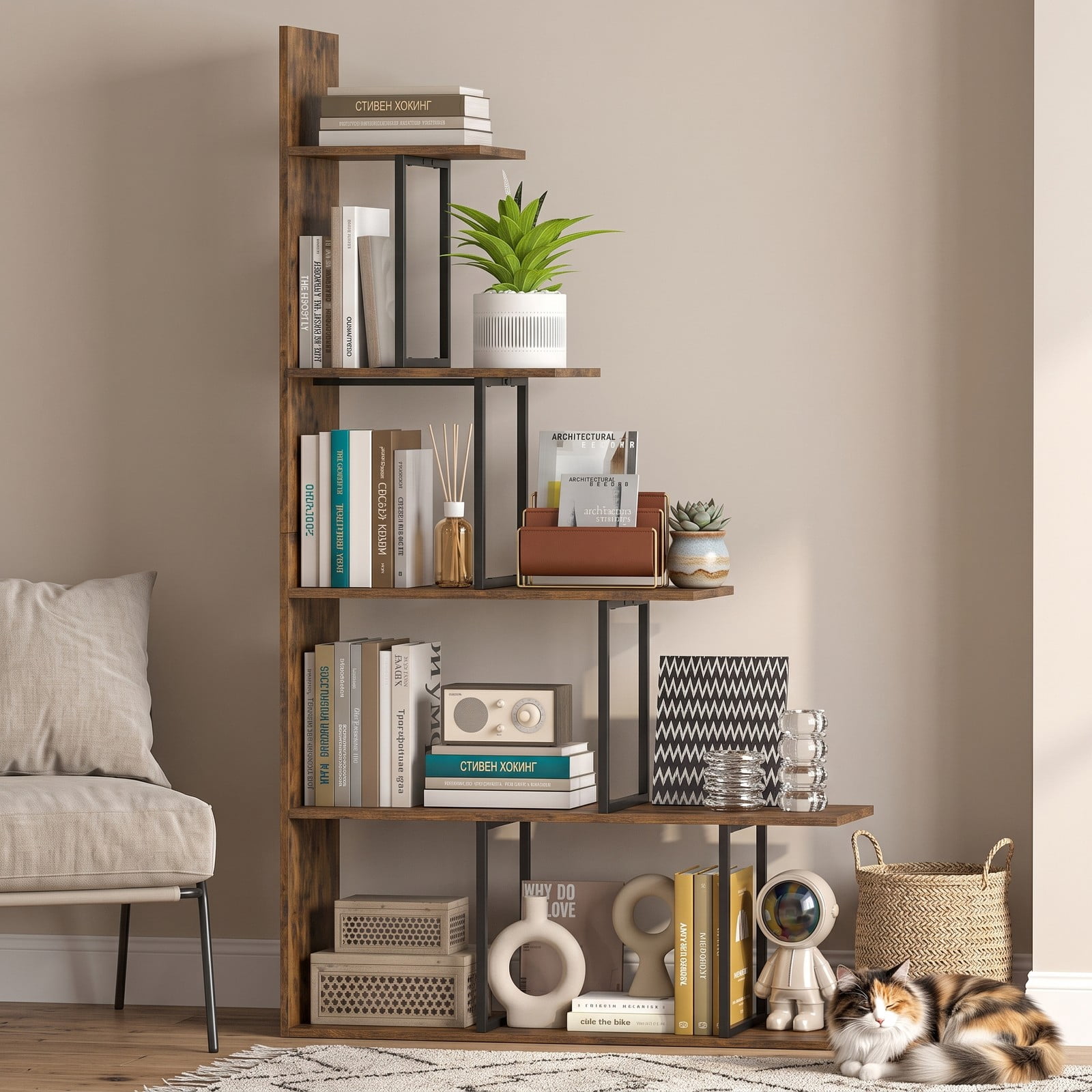 Furnibear 5-Tier Stepped Bookshelf, 62 Inch Tall Freestanding Industrial Bookcase with Heavy Duty Metal Frame, Wood Storage Shelf Organizer for Home, Rustic Brown