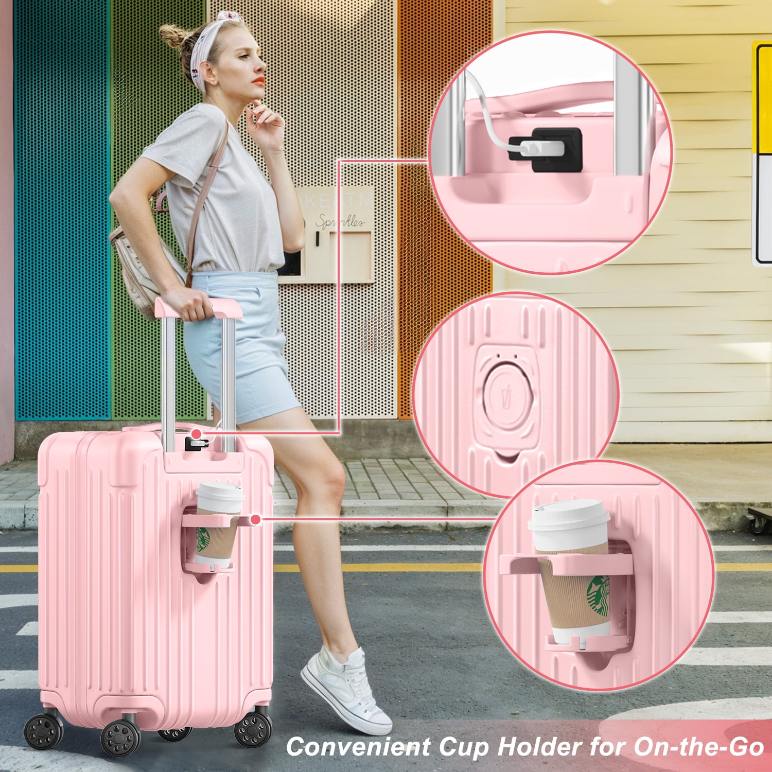 Checked Luggage PC ABS Hardshell Suitcase with Spinner Wheels TSA Lock USB Port and Cup Holder 28 inch Pink