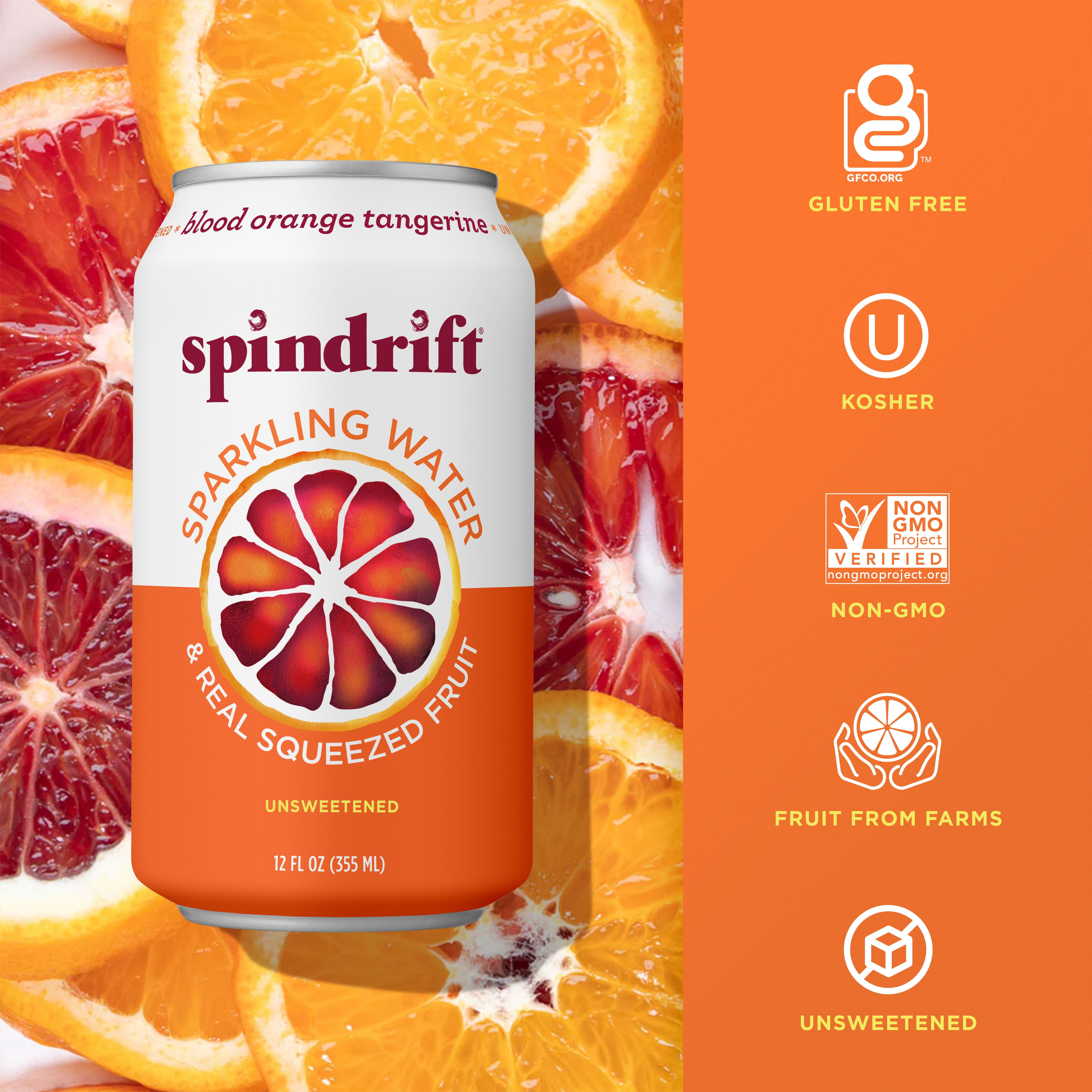 Spindrift Sparkling Water, Blood Orange Tangerine Flavored,  Made with Real Squeezed Fruit, 12 fl oz, 8 Count, No Sugar Added, 12 Calories per Can