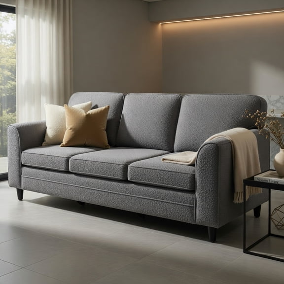 Resenkos Upholstered Teddy Velvet 3-Seat Sofa with Comfy Back Pillows-Gray