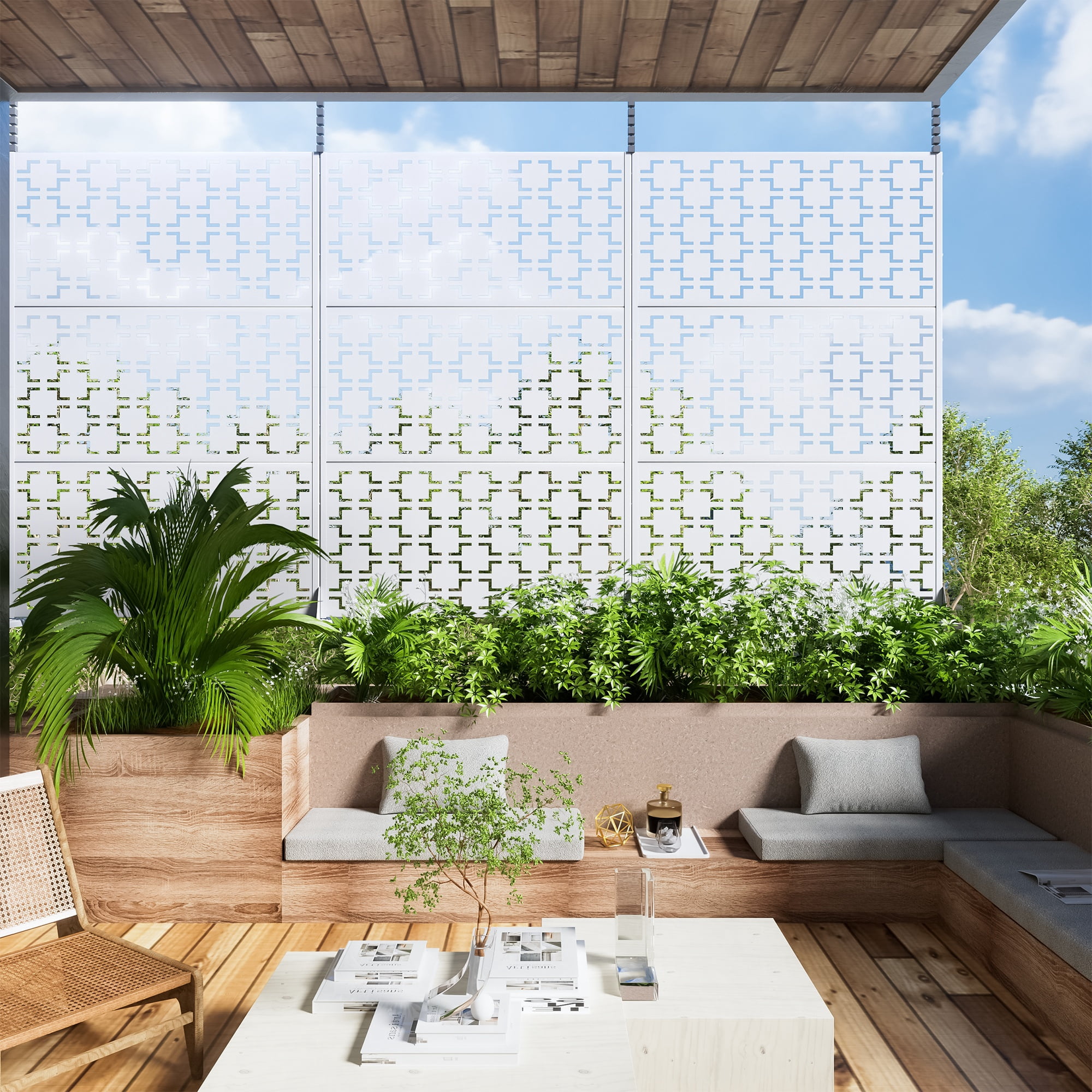 MAYEERTY 72×47" Outdoor White Metal Privacy Panel Screen for Backyard & Garden, Geometric Square Pattern