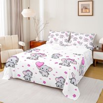 Homewish Kawaii Elephant Queen Sheet Sets,Cartoon Flower Geart Print Flat Sheet,Pink Whute Gray Queen Fitted Sheet For Girl Kids,Super Cozy Room Decor,4 Pieces
