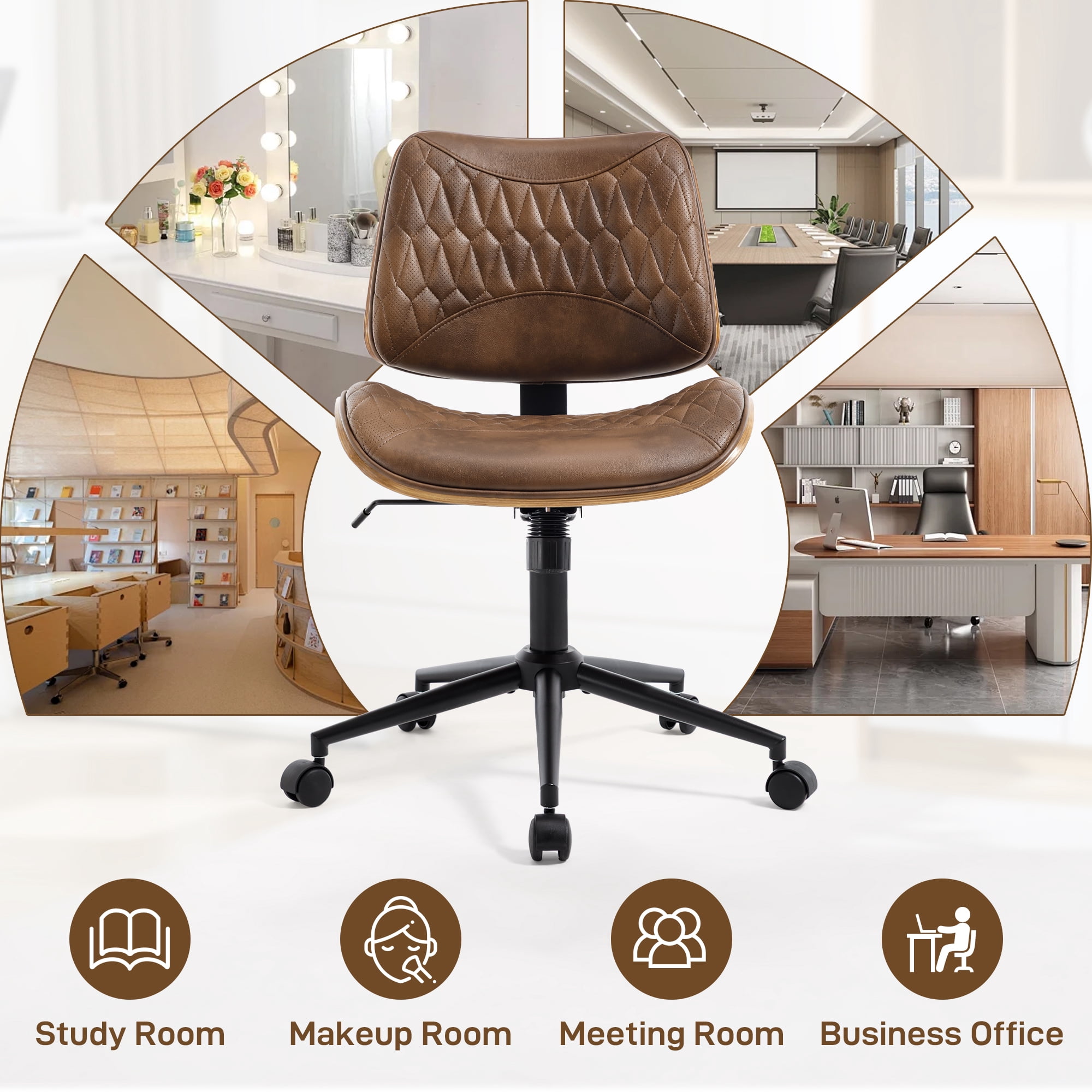 Home Office Desk Chair with Wheels, Armless Breathable PU Leather Office Chair, Swivel Ergonomic Computer Chair for Compact Space, Height-Adjustable Modern Walnut Chair with Rocking Function