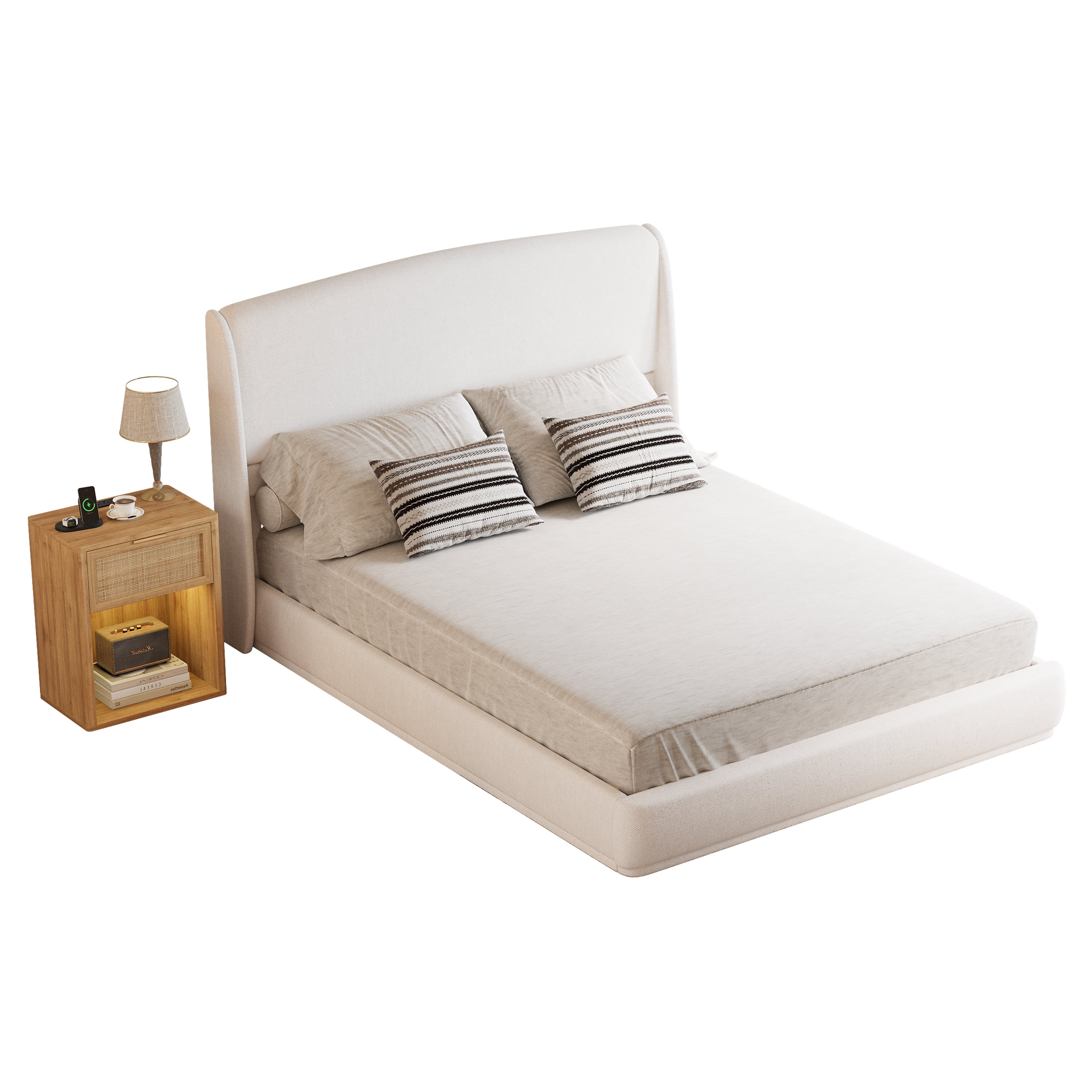Euroco Upholstery Queen Bed with Wingback Headboard, Low Profile Platform Bed, Beige