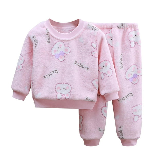 Gibobby Conjunto de pantalón Traje de franela para niños, pijamas de lana para bebés, traje de pantalones cálidos y esponjosos con animados para niñas(Rosa, 6-12 Meses)