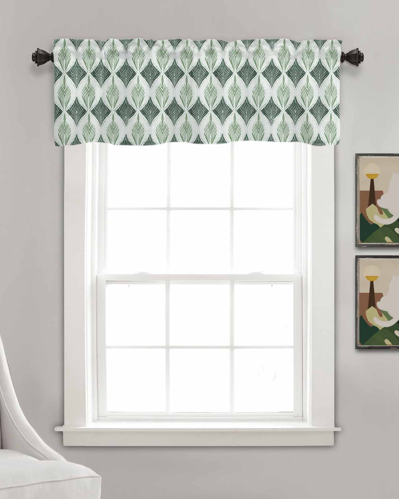 Green Grey Linen Curtain Valance for Bedroom/Bathroom/Kitchen/Office/Living/Dining Room Windows,Contemporary Abstract Geometric Art Rod Pocket Topper Drapes Decorative Cafe Drapery Panel 60x18
