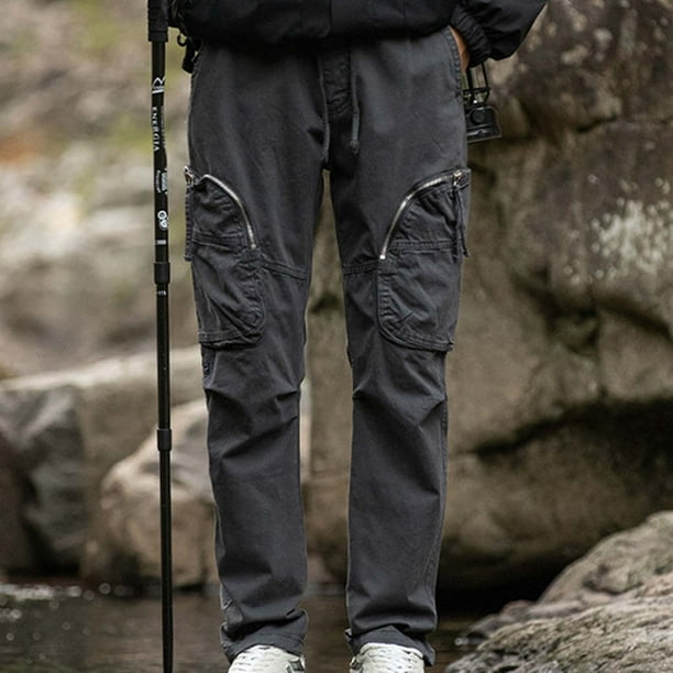 Pantalones largos de moda para hombre, casuales, de color sólido, con bolsillos y cremallera, cintura elástica, de poliéster.