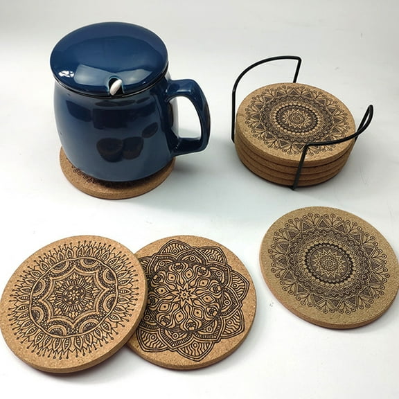 PLGEBR 6-Piece Absorbent Cork Round Coaster Set Metal Holder