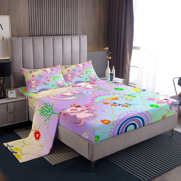 Erosebridal Pink Axolotl Bed Sheets Set Twin Size, Kawaii Sealife Bedding Twin Size, Mermaid Scales Sheet Set Twin, Ultra Soft Bedroom Decorative, 3pcs
