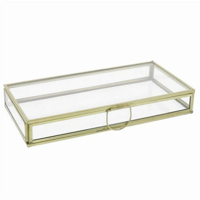 Benjara BM209811 Rectangular Glass Box with Metal Frame & Handle, Brass & Clear - 1.5 x 4.25 x 8 in.