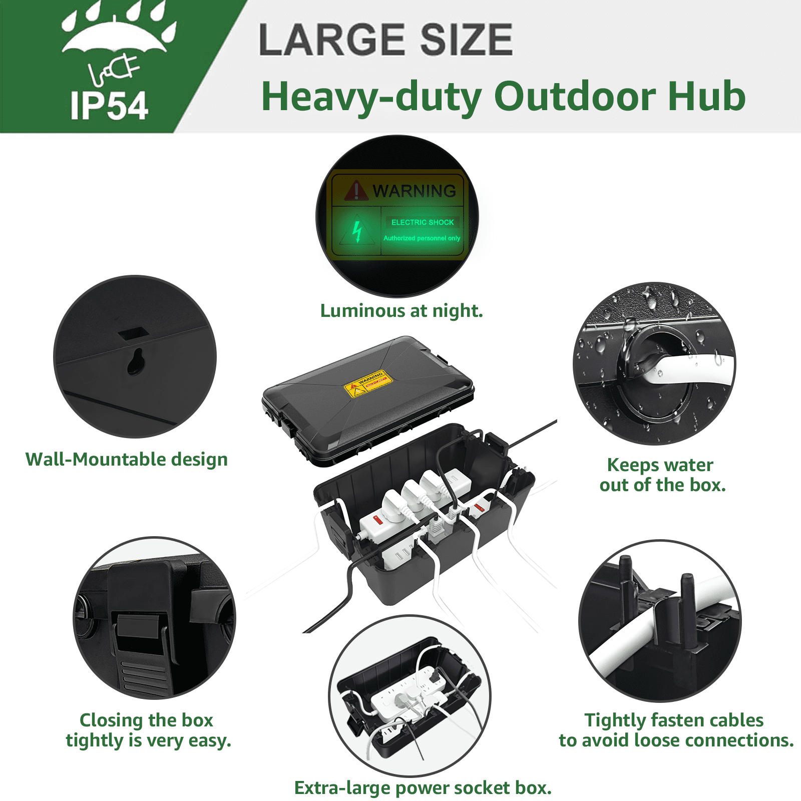 Greencycle Large Outdoor Electrical Box Waterproof (12.5 x 8.5 x 5 inch), IP54 Extension Cord Cover Weatherproof w7 Cable Seal Entry,Protect Outlet, Plug, Timer, Power Strip, Holiday Light, Black,4PK