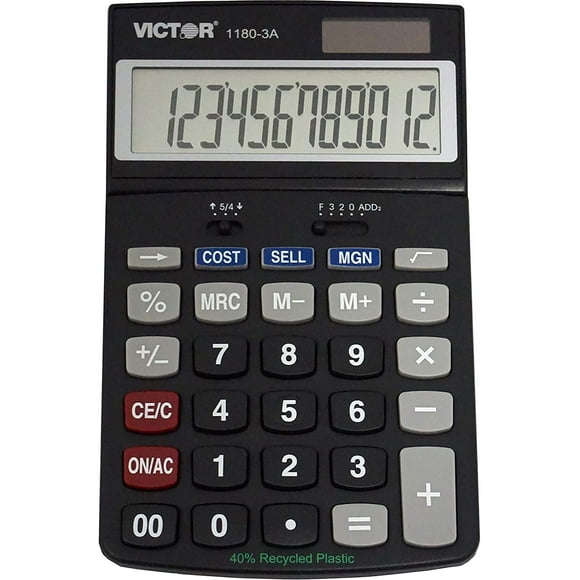 Calculadora func. Victor 1180-3A 12D, pilas y solar, LCD ángulo ajust., ideal hogar/oficina, negro