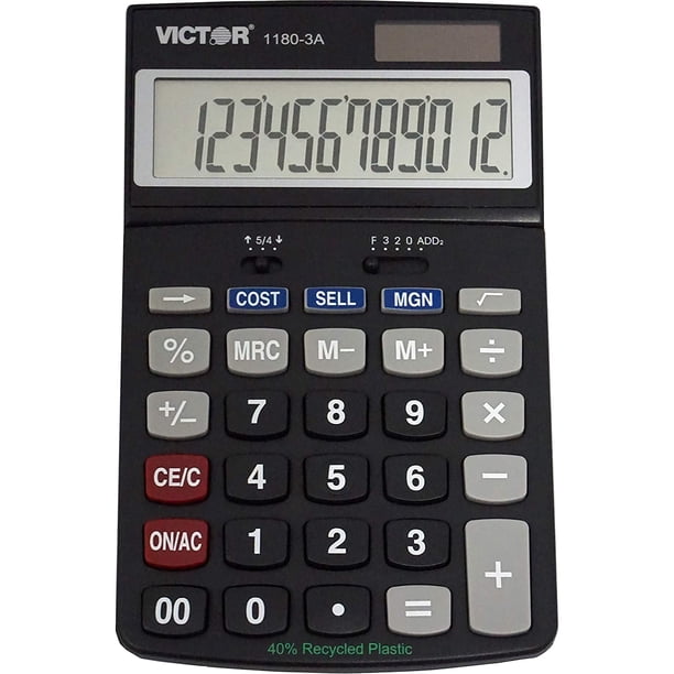 Calculadora func. Victor 1180-3A 12D, pilas y solar, LCD ángulo ajust., ideal hogar/oficina, negro