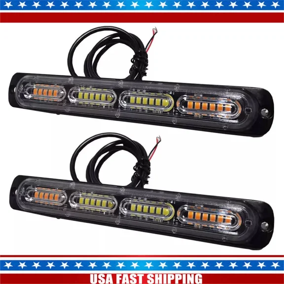 2Pcs 12-24V Amber/White Led Emergency Strobe Lights Bar For Truck Vehicle Atvs