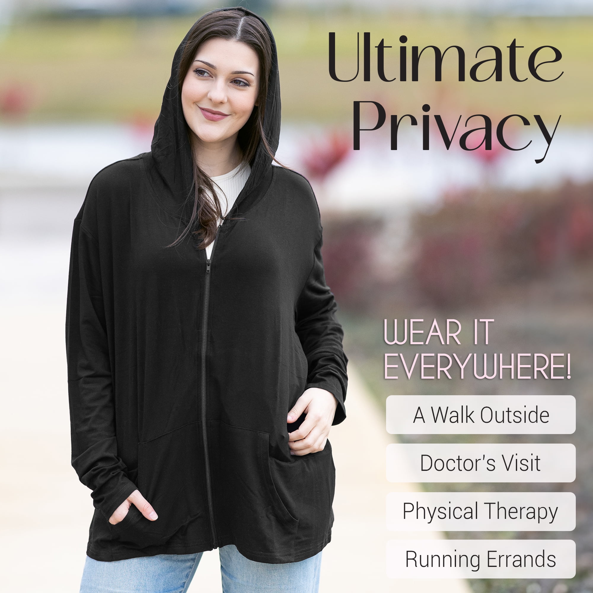 Sweet Jojo Designs Mastectomy Zip Up Hoodie Womens with Drain Pockets Hooded Zipper Jacket Breast Surgery Must Haves Essentials Cancer Gifts for Women