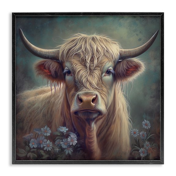 Stupell Industries Cottage Highland Cow with Daisies Black Framed Giclee Art, 17 x 17, by Steve Hunziker