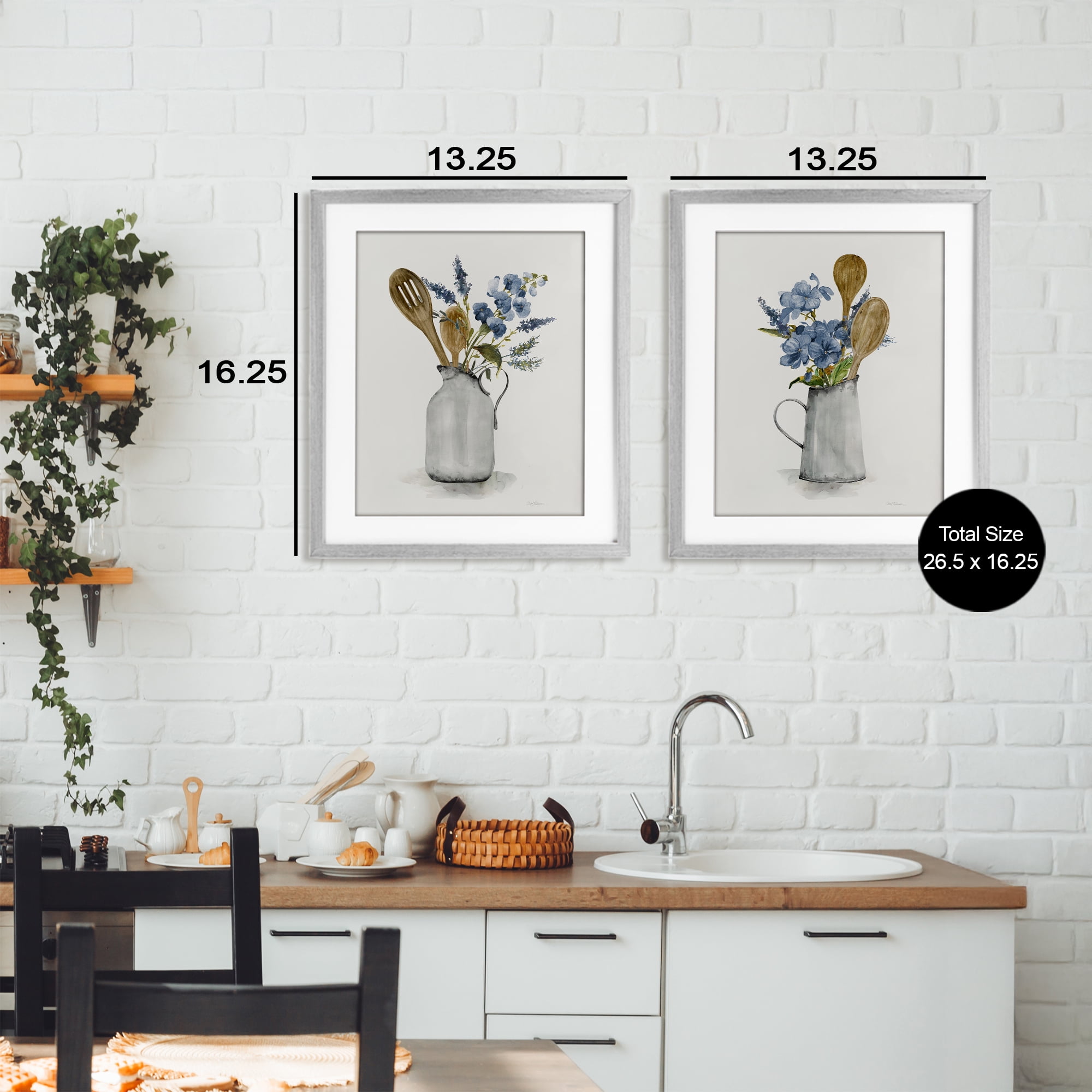 Stupell Industries Kitchen Pitcher Bouquets 2 Piece Gray Framed Print Under Glass Set, design by Carol Robinson
