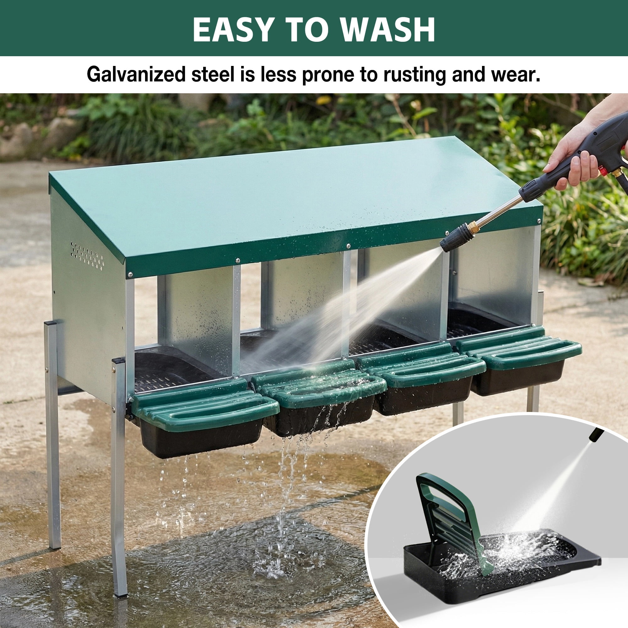 4-Hole Chicken Nesting Box with Legs & Lid Cover, Galvanized Steel Freestanding & Wall-Mount Egg Laying Box, Green Poultry Nest Box for Coop Farm