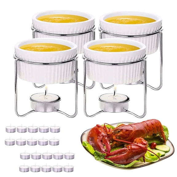 WhiteRhino 4 Pcs Ceramic Butter Warmers with 20Pcs Tealight Candles for Seafood,Lobster Cheese Fondue Set,Melter