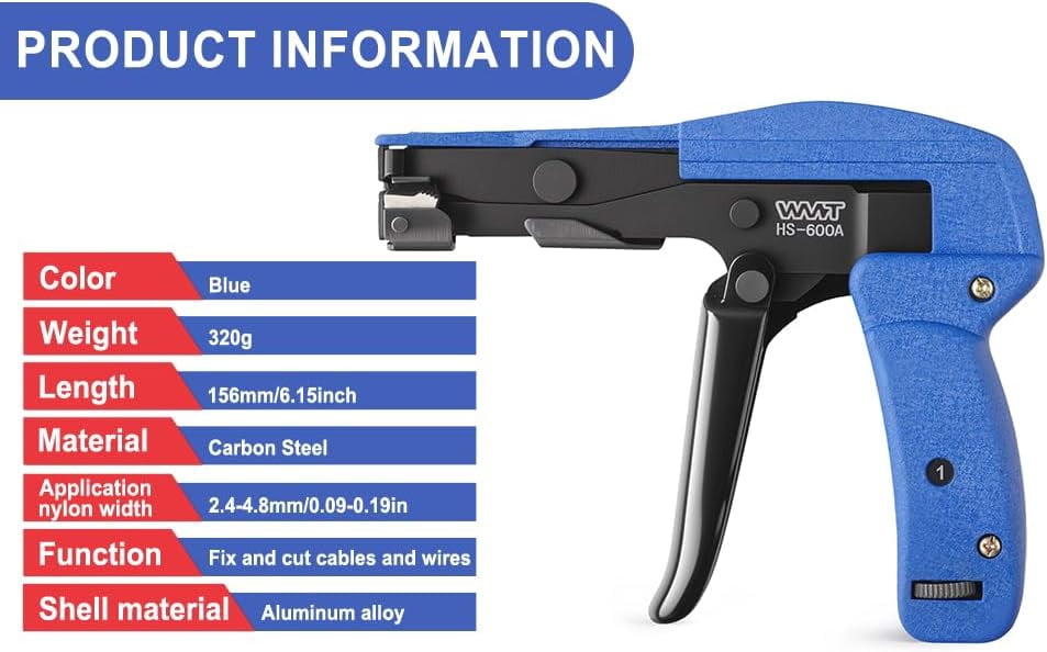 Tie tool tensioner & cutter gun - heavy-duty automatic tie gun with flat cut, suitable for 2.4-4.8 mm (0.094-0.189 inch) standard nylon ties