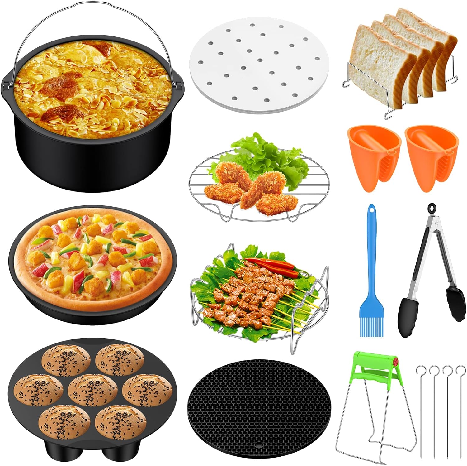 Accessoires pour Friteuse à Air Chaud Ronde 7 Pouces 17 Pcs 5.5L Accessoires pour Friteuse s'Adapte 3.2L-8.1L